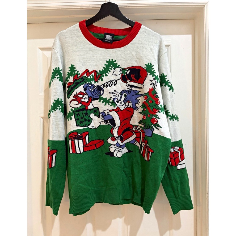 Tom and Jerry Christmas Graphic Print Pullover Sweater XL Green Red White